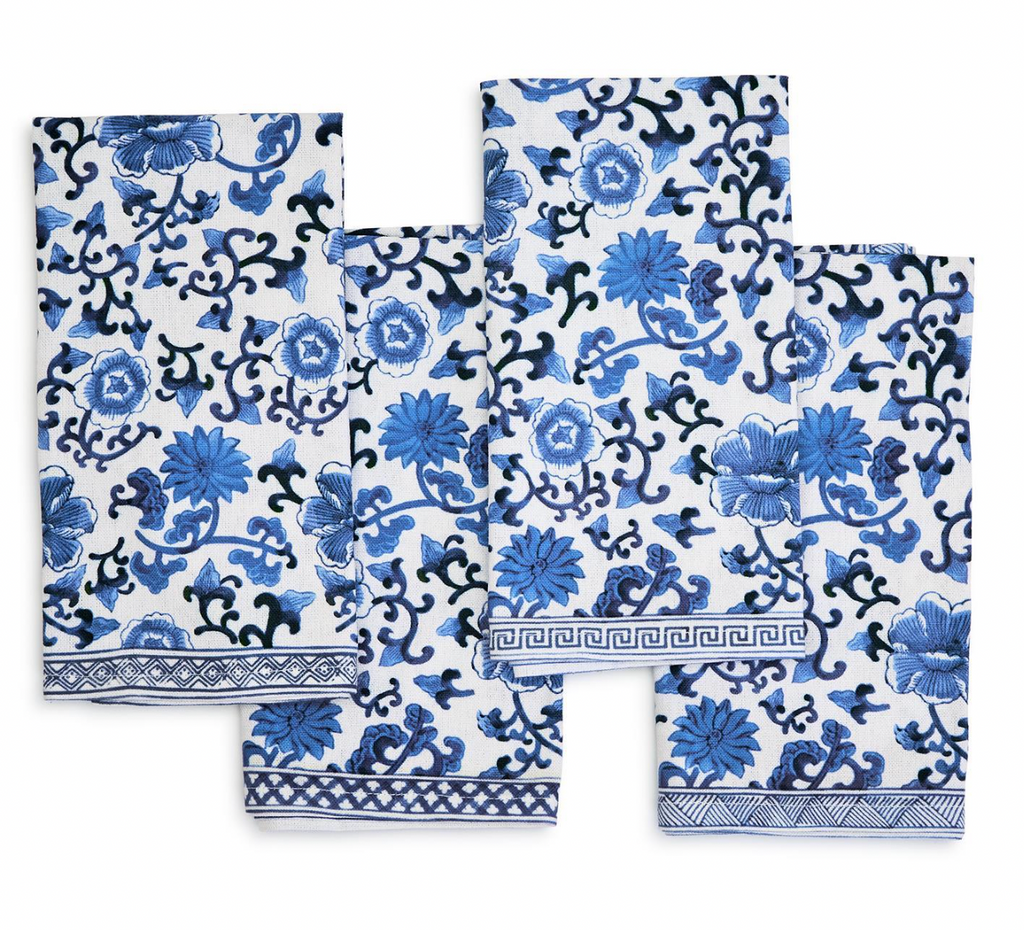 Blue Floral Scalloped Edge Trim Napkin - Set of 4