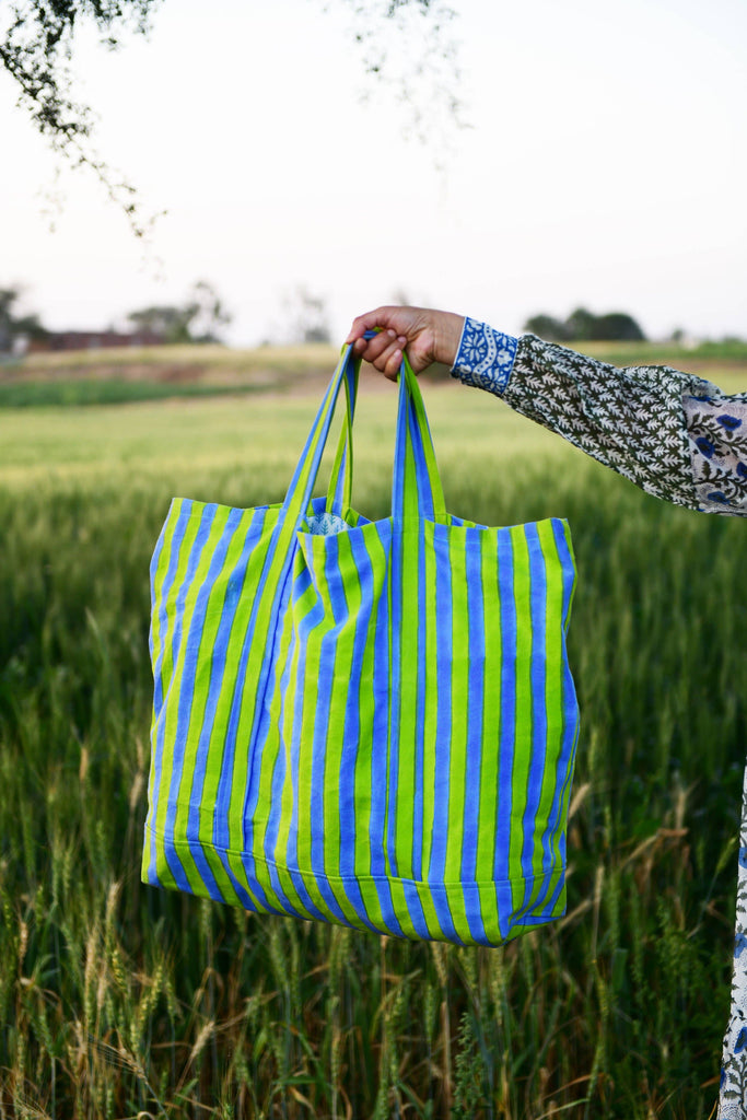 Blockprint Oversized Tote - Thick Stripes Cornflower Blue & Stem Green